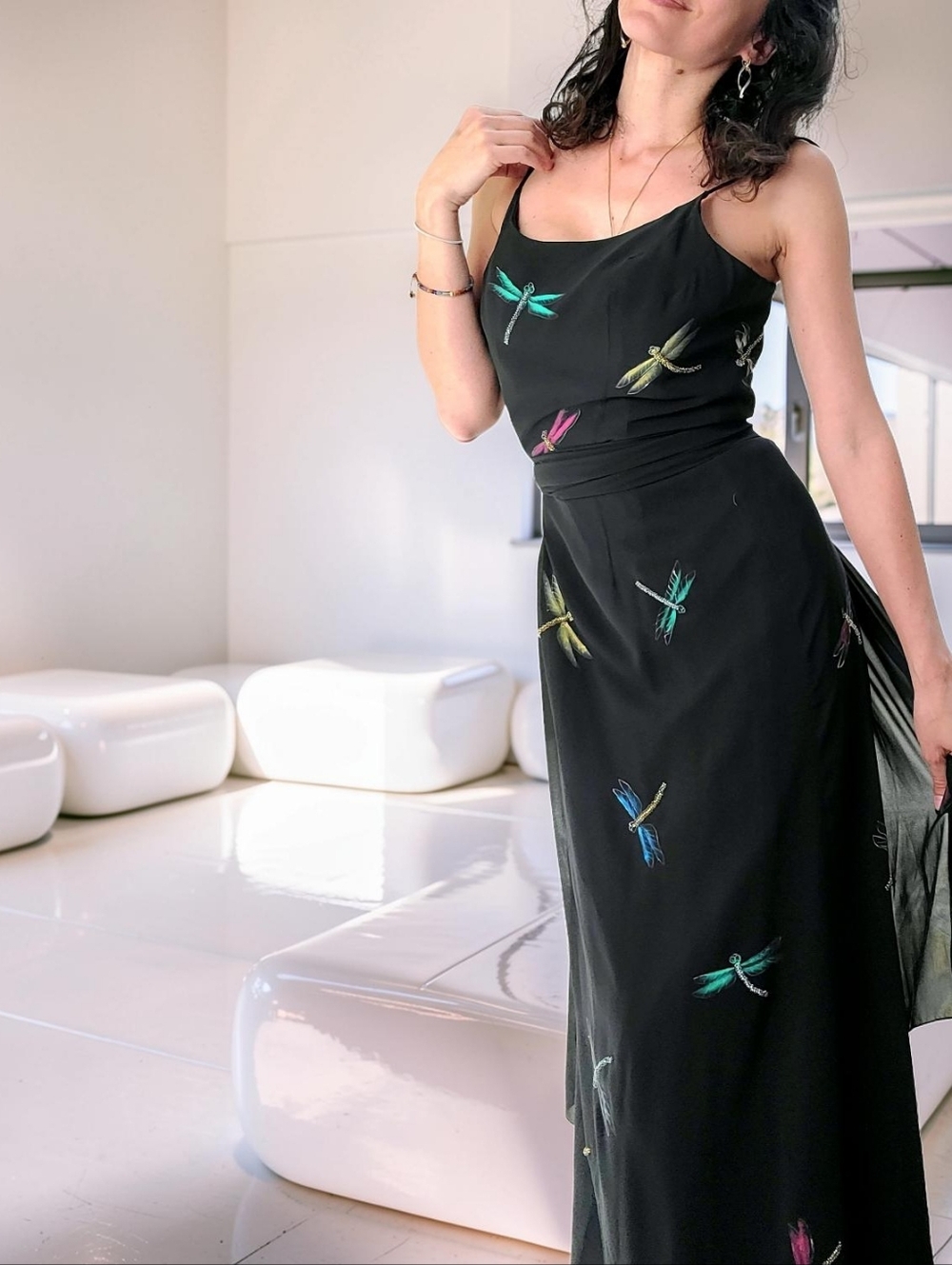 NWOT Cassandra Stone Elegant Black Dragonfly Maxi Dress With Matching Scarf - Picture 6 of 16